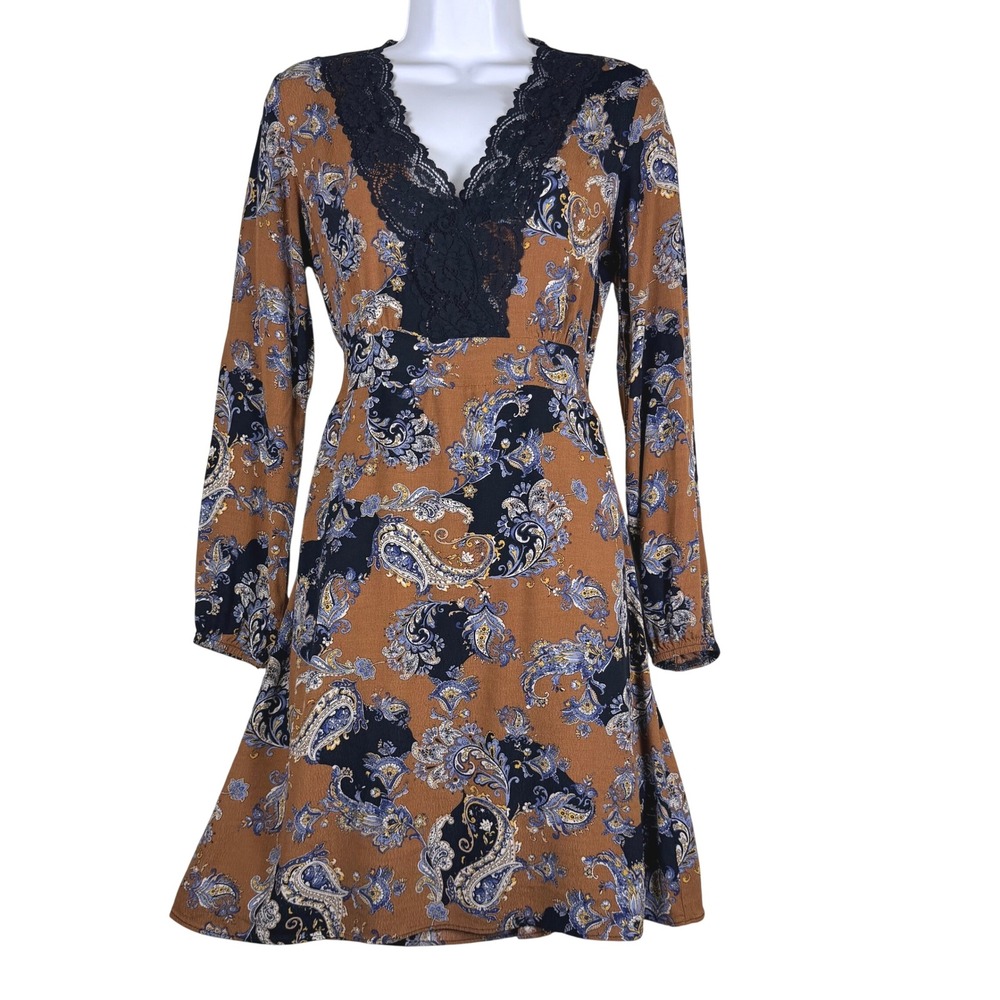 Motivi Paisley Lace Trim Fit and Flare Mini Dress Boho Romantic Brown Sz4 Italy